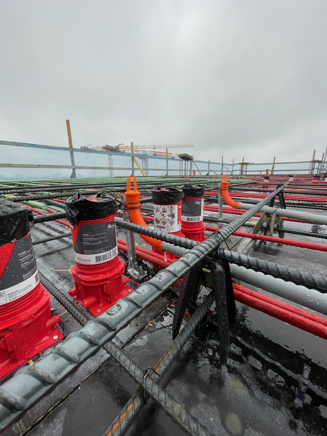 Multiple Stub-EASE II™ units installed across a high-rise rebar deck prior to concrete pour