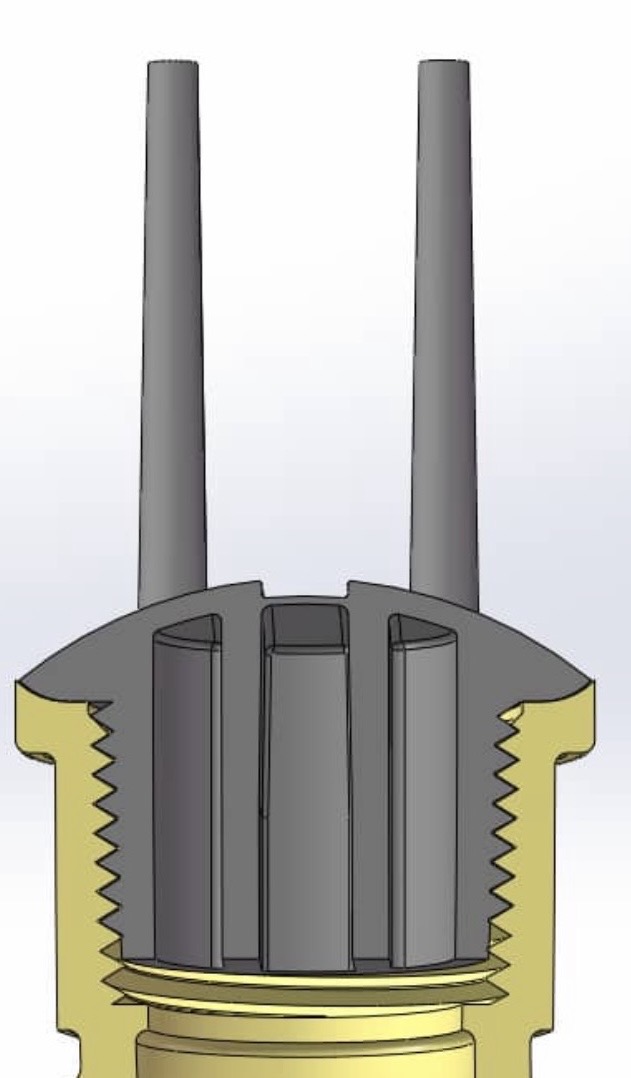 Stub-EASE II™ cap CAD cross-section — internal rib structure, depressed guide strip, and threaded base engagement