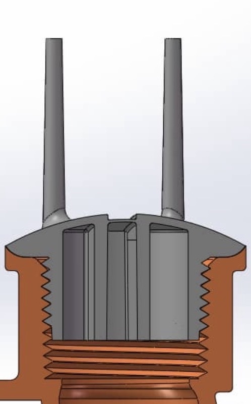 Stub-EASE II™ cap CAD cross-section — talon geometry, convex dome profile, and threaded collar engagement detail